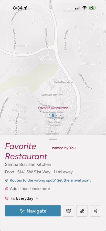 A place card in aka maps reading “Favorite Restaurant”, marked “named by You”, with the official name Samba Brazilian Kitchen underneath.
